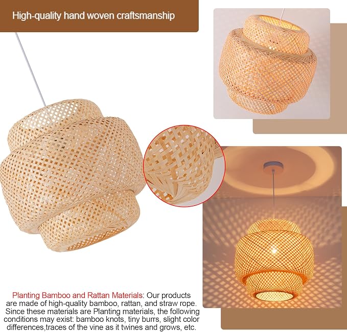 Bamboo Pendant Light,15.8" Rattan Chadelier | 15.75" Boho Bamboo Hanging Light,Hand Woven Rattan Chandelier for Kitchen Island Dining Bedroom Living Room Restaurant