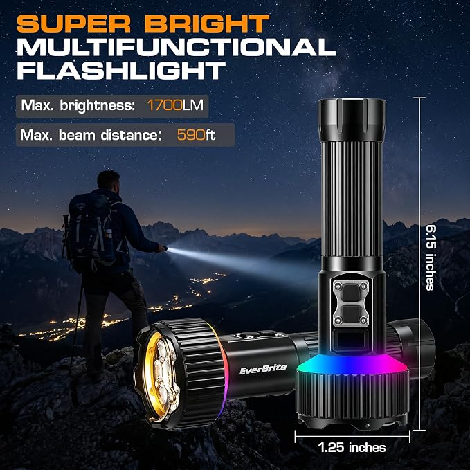 EverBrite 1700LM Rechargeable Flashlight with Spotlight, Floodlight & RGB | Digital Power Display, 14 Modes, RGB Light, Memory Function, 4500mAh, Aluminum Body, Hook, Tripod Mount for Camp, Emergency