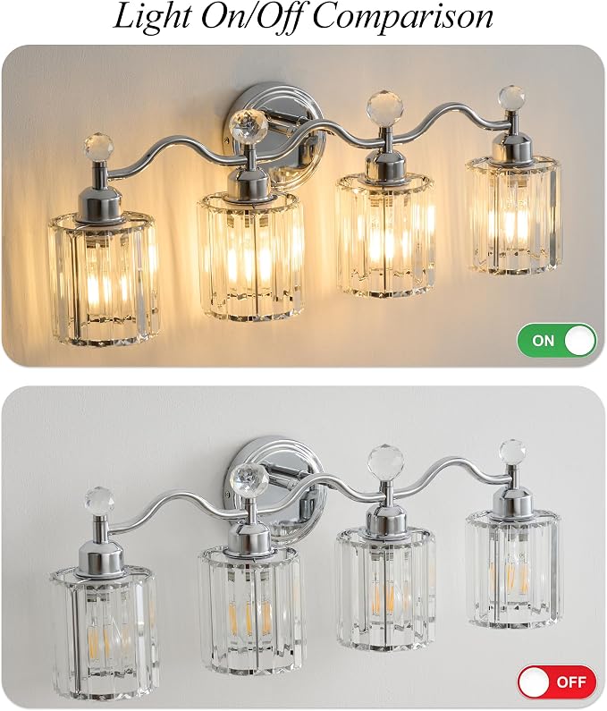 Bathroom Light fixtures,Chrome Vanity Lights for Bath,4-Lights Bathroom Vanity Lights Fixture with Clear Crystal Glass Shade, Modern Wall Light Over Mirror, Wall Sconces Light for Hallway