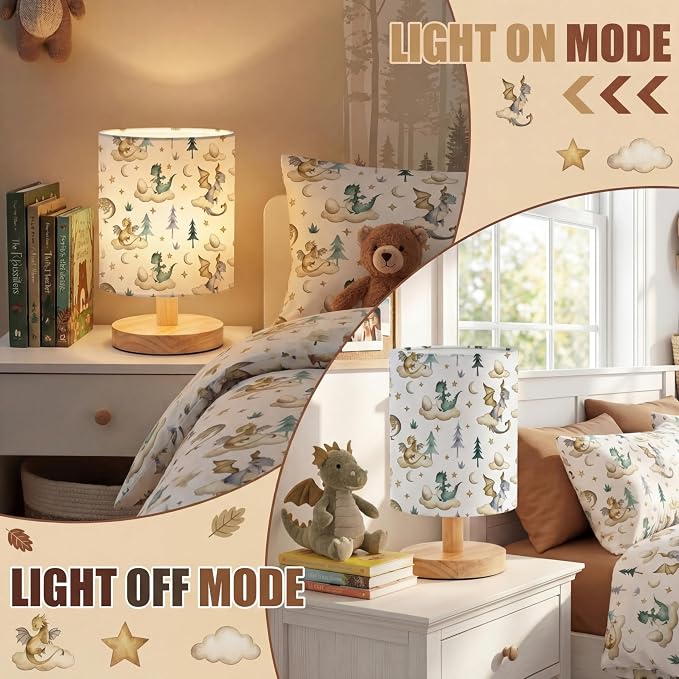 Cute Dragon Kids Table Lamp for Bedroom Kids Bedside Lamp with Linen Wooden Nightstand Cartoon Nursery Lampshade for Girls Boys Living Room