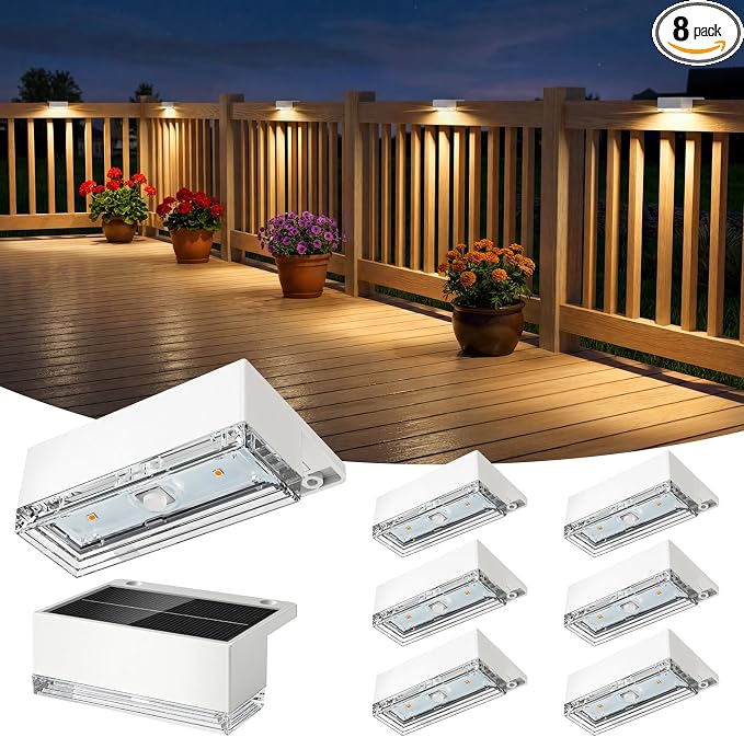 JOFIOS Solar Deck Lights, 3 Color Modes,Waterproof,White, 8 Pack | 3 Color Modes, IP65 Waterproof,Solar Lights for Deck,Fence,Step,Patio,Backyard Decor