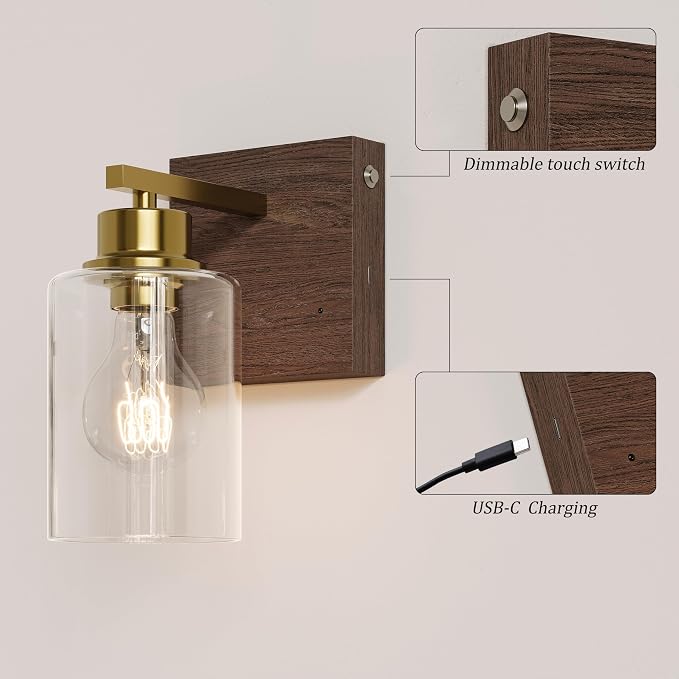 Rayogale Wireless Battery Operated Wall Sconce Set of 2 with Remote Control | Gold & Walnut Dimmable Rechargeable Wall Lights with Timer, Easy Install Glass Lamp for Living Room Bedroom, Emergency 3000K