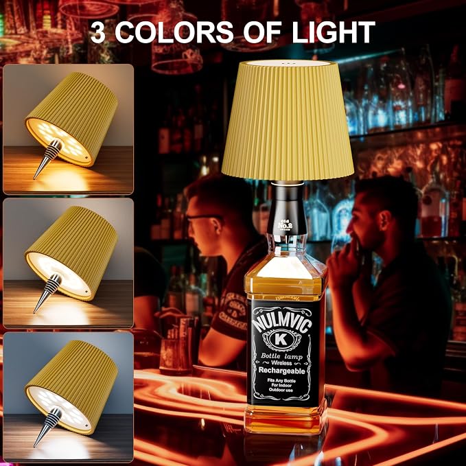 2 Pack Wine Bottle Lamps, 2026 New 3 Color Rechargeable Wireless Bottle Lamps, Bottle Light for Liquor Bottles with Touch Dimming for Parties, Restaurants & Home Decor（Yellow）