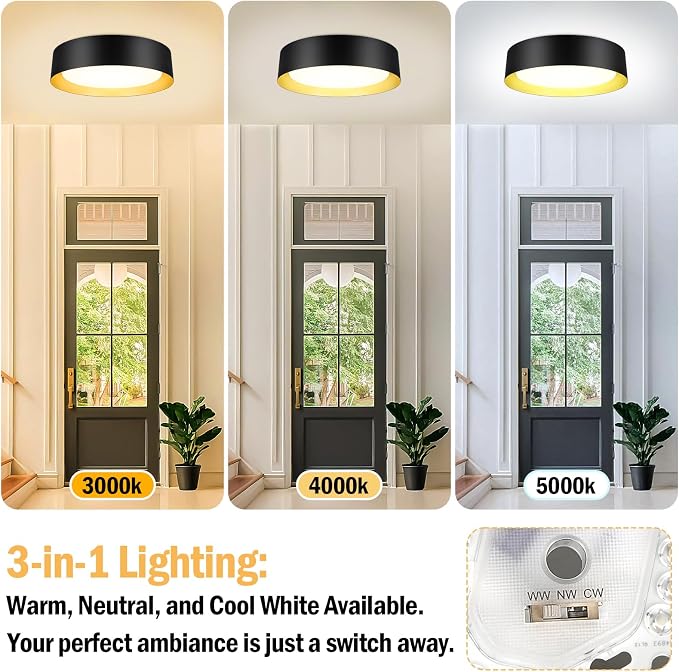 BrightHome Flush Mount Ceiling Light, 13in Modern Ceiling Light 3/4/5000K | 25W Bathroom Ceiling Light Fixture, Dimmable LED Flush Mount Light for Bedroom, Hallway, Entryway and Kitchen, Black & Gold
