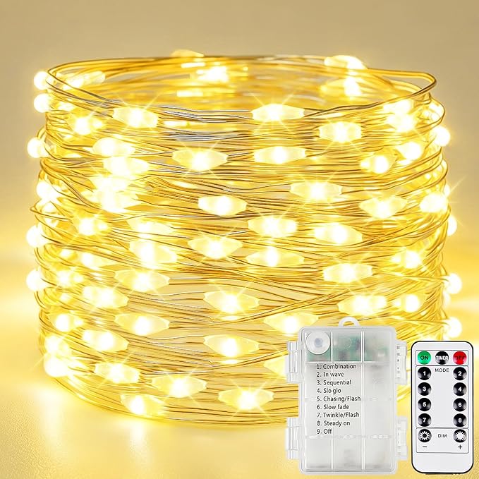Fairy Lights Battery Operated 120 LED 40FT Remote String Lights Warm White | 8 Modes, IP44 Waterproof, Timer & Memory, Long Battery Twinkle Lights for Christmas Wreath Wedding Table Indoor Outdoor Decor