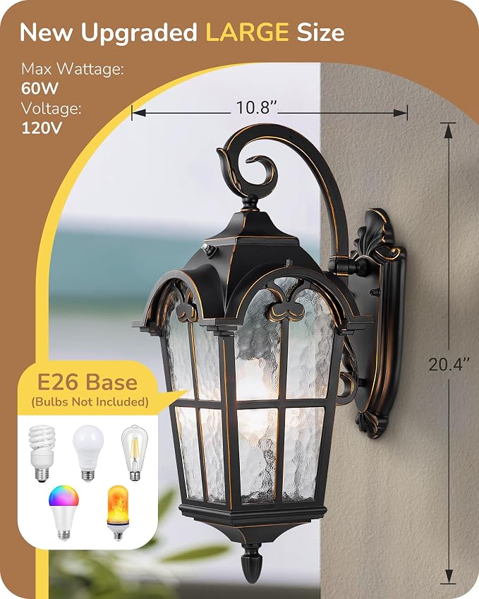 EDISHINE Dusk to Dawn Outdoor Wall Lights, 20.4" Large Size Exterior Lantern Fixture, Porch Lights Wall Mount, Roman Wall Lamp, Waterproof Outside Wall Sconce for Front Door Garage, Black | Large Size, Auto ON/OFF, Water Ripple Glass, E26 Socket, Roman...