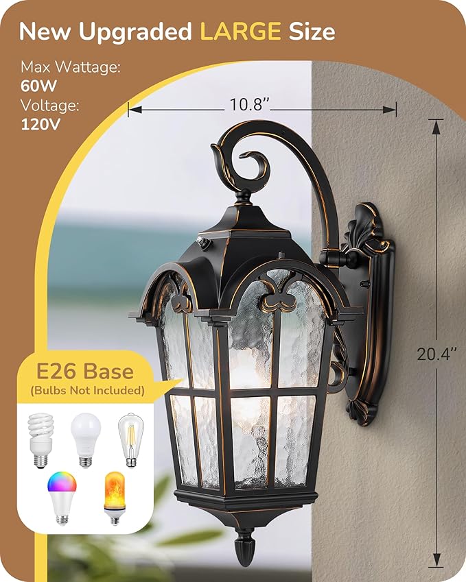 EDISHINE Dusk to Dawn Outdoor Wall Light, Roman Large Size Exterior Lantern Fixtures, E26 Base, Waterproof Porch Lights Wall Mount, Black Outside Wall Sconce, 2 Pack