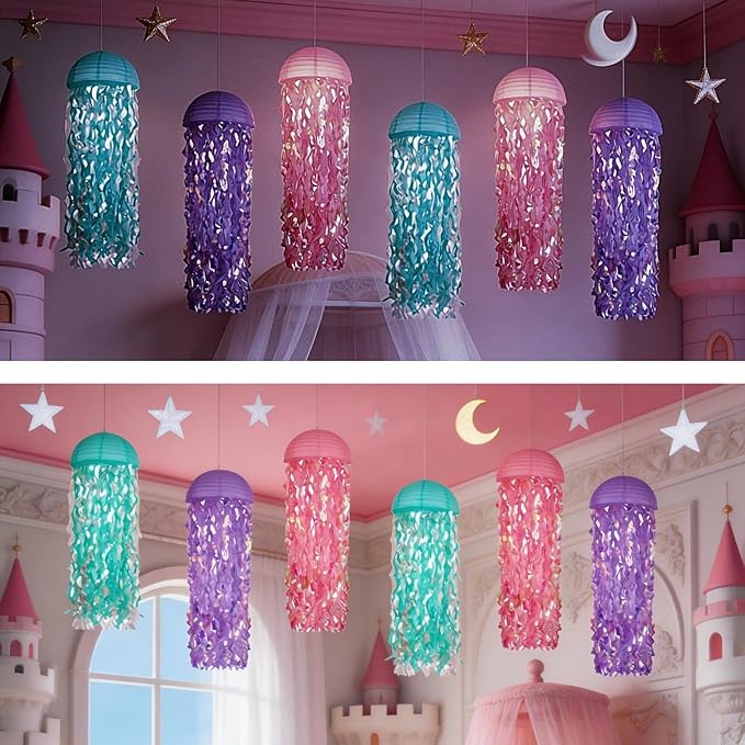 Jellyfish Paper Lanterns with LED Lights Set of 6, Lilac/Pink/Turquoise Dome Hanging Floating Decorations for Under The Sea Party Mermaid Birthday Ocean Classroom Beach Room Aesthetic