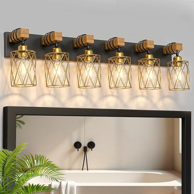 IZORRO Farmhouse Bathroom Vanity Light, 6-Light Wood Bathroom Light Fixtures Over Mirror, Black and Gold Industrial Vanity Lights with Metal Shade, Rustic Restroom Lighting Fixtures