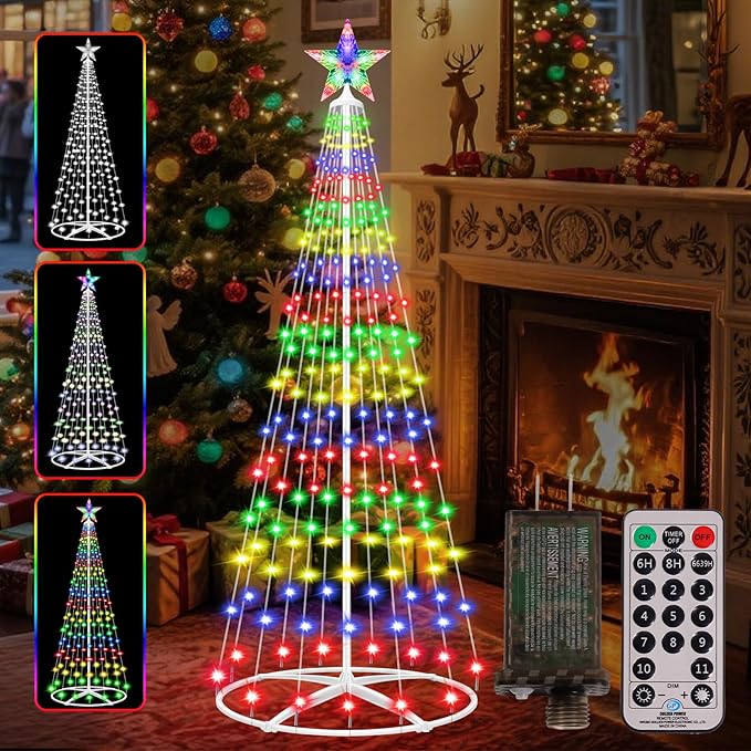 Prelit Christmas Cone Tree with Lights, 5FT 204 LEDs Small Christmas Tree Light with Remote Control, Timer, 11 Lighting Modes, Artificial Outdoor Christmas Tree for Yard Porch Lawn Decorations