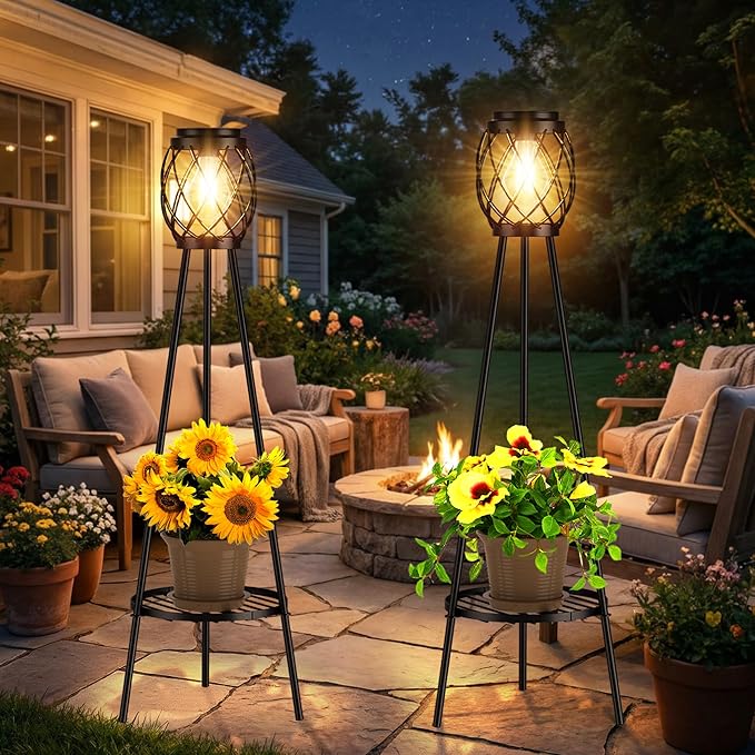 MXwcy Solar Floor Lamp with Plant Stands，Solar Lights Outdoor with Vintage LED Edison Bulbs, Weatherproof Garden Lights for Pathway, Patio, Yard, 8-10 Hours Lighting, IP55 Waterproof