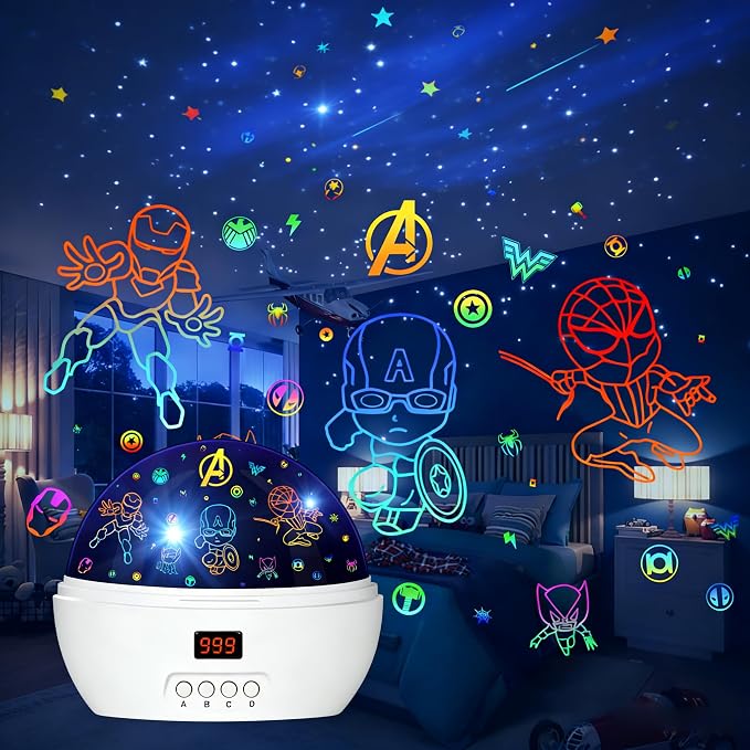 MOKOQI Kid Light Projector Superhero Toys for Boys 5-7 Avengers Night Light | Projector with Timer for Kids Room, 360 Degree Rotation Toddler Nightlights with Spiderman Figurine Star Lamps White