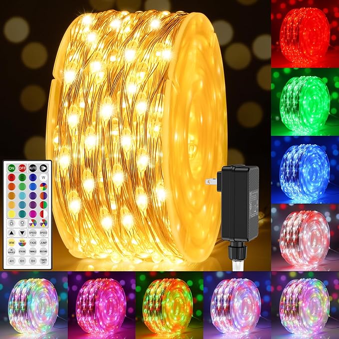 100FT 300LEDs Fairy Lights Plug in, 30V 24 RGB Colors+Warm White Color Changing Twinkle Lights, 150 Lighting Modes Timer String Light with Remote for Indoor Outdoor Festival DIY Decor