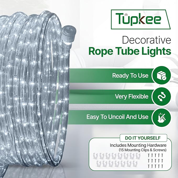 Tupkee LED Rope Light Cool-White - 24 Feet (7.3 m), for Indoor and Outdoor use - 10MM Diameter - 144 LED Long Life Bulbs Decorative Rope Tube Lights