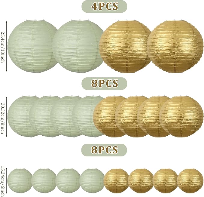 20Pcs Paper Lanterns Decorative, Sage Green and Gold 6"8"10" for Home Decor | Round Hanging Paper Lanterns Decorations for Rustic Party Bridal Shower Wedding Engagement Birthday Classroom Ceiling Decor