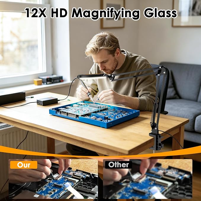 12X Magnifying Glass with Light and Stand Hands Free, Long Swing Arm Desk Magnifying Light with Clamp for Close Work, Dimmable Lighted Magnifier Lamp for Soldering Craft Jewelry Bench Sewing
