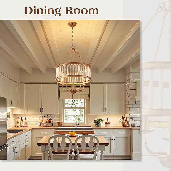 Farmhouse Chandeliers for Entryway Dining Room 5-Light Drum Pendant Chandelier Boho Wood Beaded Vintage Handmade Distressed Chandelier Retro Antique Gold Lighting Fixtures Hanging W19.7