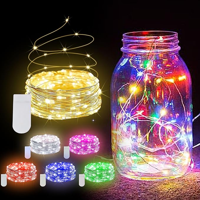 6 Pack Fairy Lights Battery Operated String Lights - 7ft 20 LED Waterproof Silver Wire Firefly Lights for DIY Wedding Décor Table Centerpieces Craft Mason Jars Party Decor(Mixed-Colour)