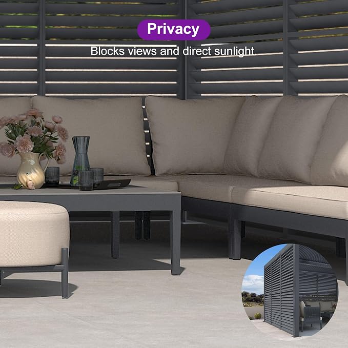 PURPLE LEAF Louvered Pergola 12' x 24' 94AS w/ 1W Side Shutter Wall Grey | Four Adjustable Roofs, All-Aluminum Rustproof Construction, Plus Privacy Shutters For Cozy Private Space, Taller Design