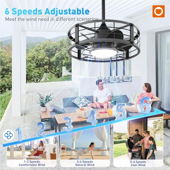 addlon 20" Outdoor Ceiling Fan with Light for Patio, IP65 Plug in Caged Fan | Waterproof, Hanging Hook, Reversible DC Motor, 6 Speeds, Remote Control, Quiet Operation, Timer, for Gazebo, Patio, Porch