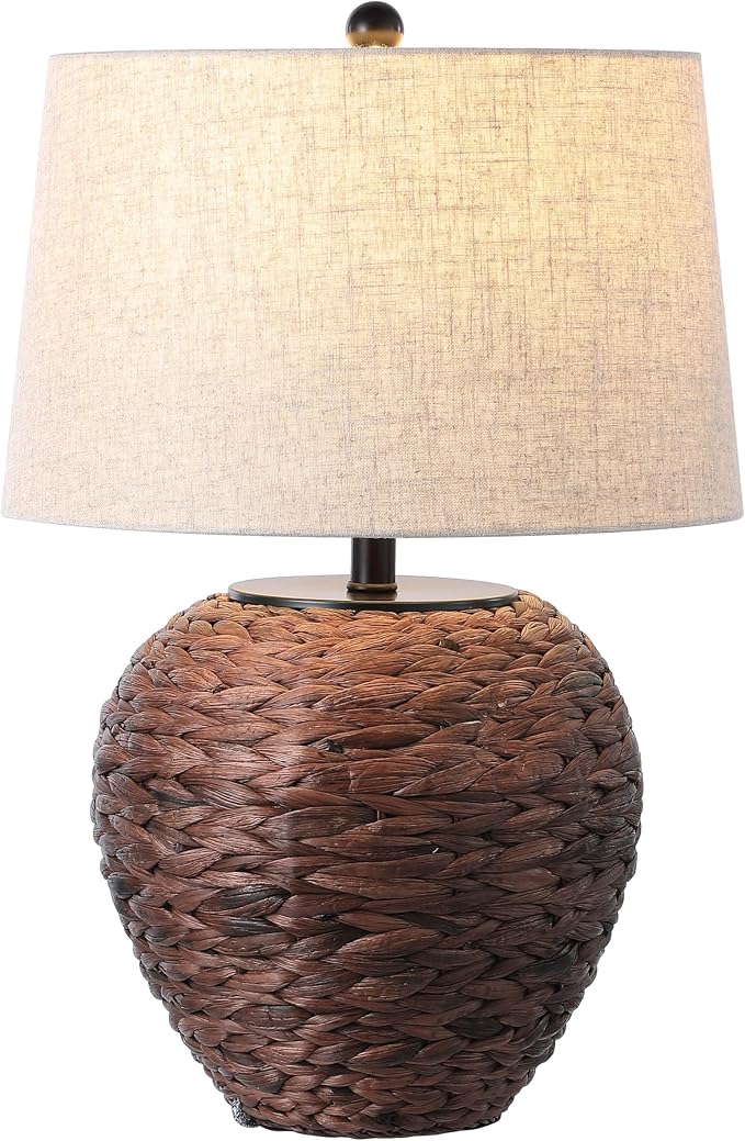 JONATHAN Y Alaro Table Lamp Woven Water Hyacinth Basket 24.5", Dark Brown | Farmhouse Coastal Decor, Beige Linen Drum Shade, Metal Frame, LED Bulb Included, Rotary Switch, UL Listed