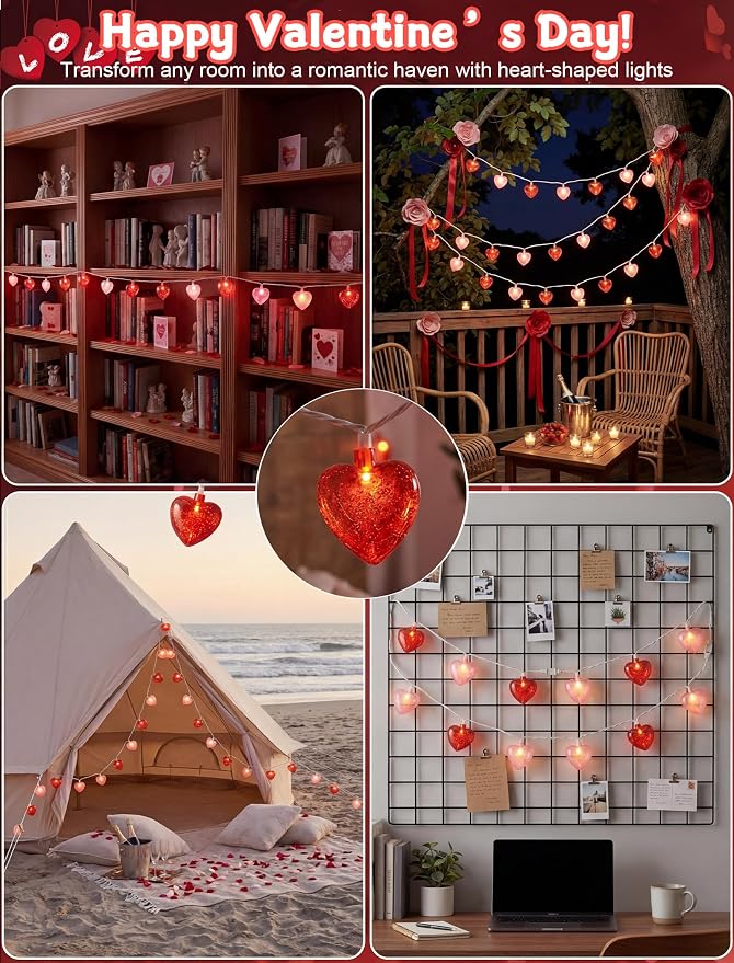 8.5 Ft Heart String Lights, Valentines Day Decorations Lights with 10 LED Glitter Red Pink Heart Lights, Plug in Fairy String Lights for Wedding Anniversary Party Valentine's Day