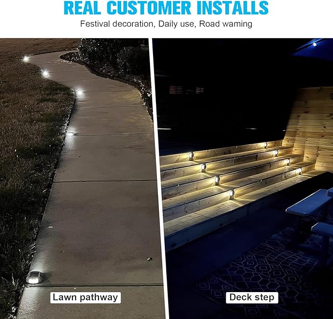 VOLISUN Solar Deck Lights Driveway Dock Lights, 12-Pack Led IP68 Waterproof Outdoor Warning Step Lights for Driveway Sidewalk Garden Pathway Yard(White, Auto On/Off