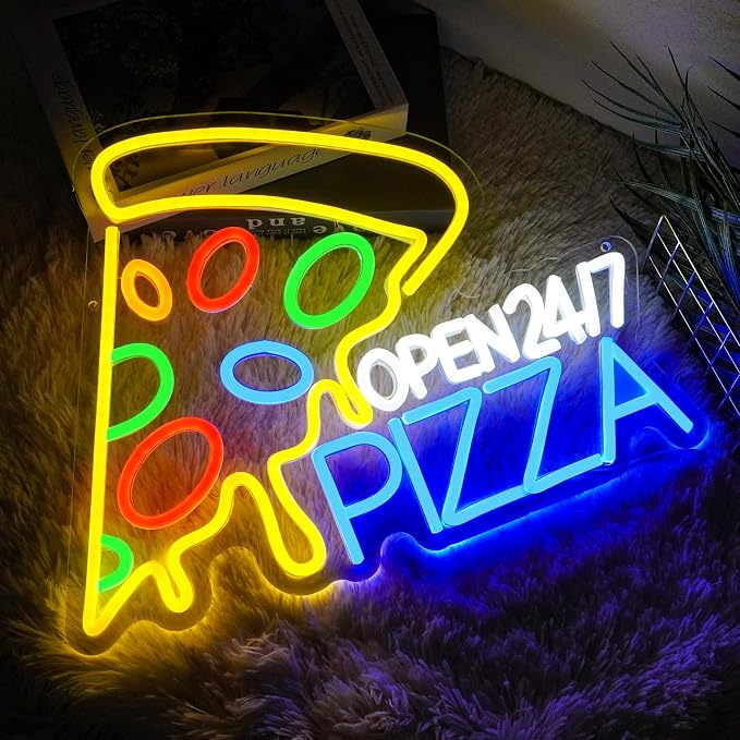 Pizza Open 24/7 Neon Sign Dimmable Food Neon Light Sign for Wall Decor Snacks Led Signs for Business Pizzeria Kitchen Restaurant Fast Food Store Dinning Room Bar Party Decor 16.5" x 12.6"