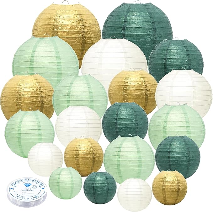 21Pcs Hanging Paper Lanterns, 4/6/8/10 Inch Sage Green and Gold Paper Lanterns Decorative, Hanging Lanterns for Wedding Birthday Baby Shower