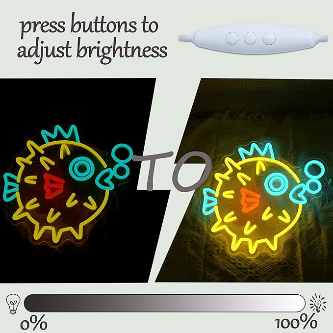 Pufferfish Neon Sign for Wall Decor Cute Ocean Fish Led Neon Light Cute Puffer Fish Neon Light for Bedroom Aquarium Restaurant Fish lover