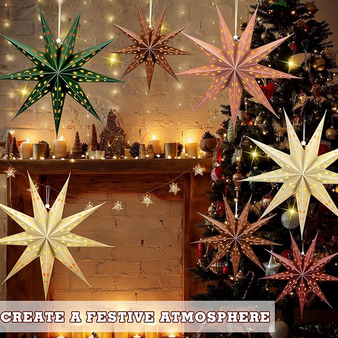 5 Set 3D Paper Star Lantern - 9 Pointed Hanging Star Lampshade for Xmas Wedding Birthday Party Decor(Brown, Green, Beige, Red, 24 Inch)