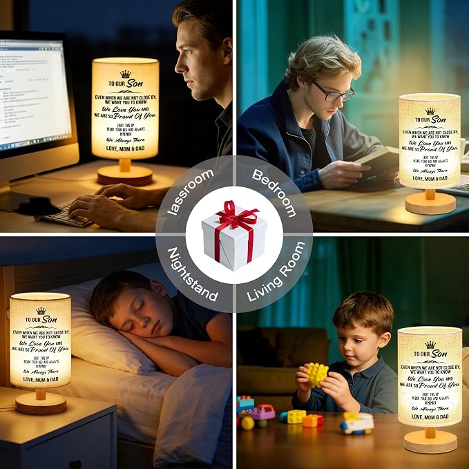 WSYEAR Gifts for Son from Mom Dad- Fabric Wooden Desk Lamp for Reading Bedroom Living Room for Son Adult Graduation Season Gifts, Birthday Gifts, Back to School Gifts
