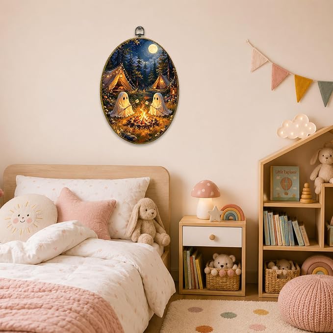 Ghost Camping Oval Wall Art, Framed Canvas Decor, 8.5x11.5 Inch | Two ghosts roasting marshmallows, campfire tents, moonlit forest Halloween decor