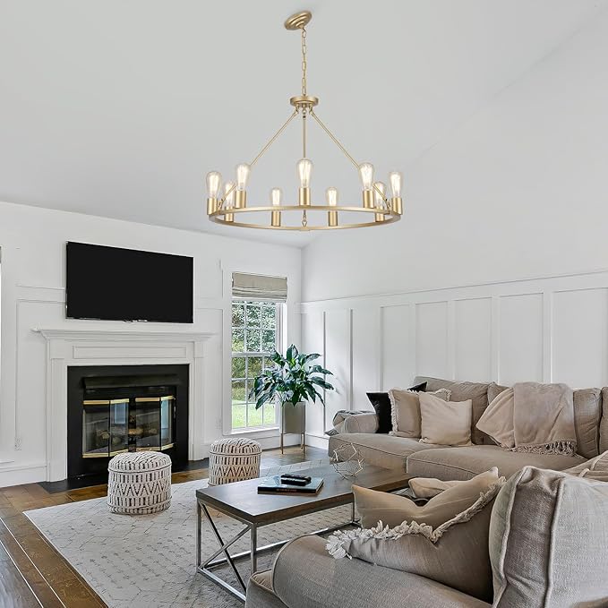 9-Lights Gold Chandelier | Dia 32'' Farmhouse Wagon Wheel Chandelier | Rustic Hanging Dining Room Light Fixture | Apply to Living Room | Kitchen Island | Entryway | Foyer