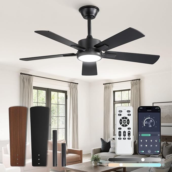 Fanbulous 42 Inch Ceiling Fans with Light, Black, Remote & APP Control | Stepless CCT & Dimmable Light, 20W LED Ceiling Fans, 6 Speeds, Reversible Quiet DC Motor, for Bedroom Living Room Apartment