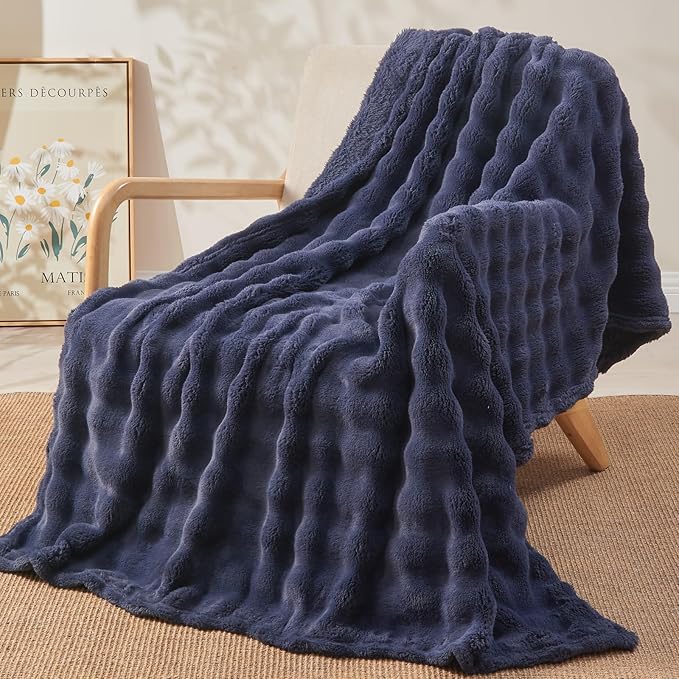 NEWCOSPLAY Throw Blanket for Couch Dark Navy Super Soft Flannel Fleece 3D Bubble Lightweight Bed Blanket All Season Use (Dark Navy, Throw(50"x60"))