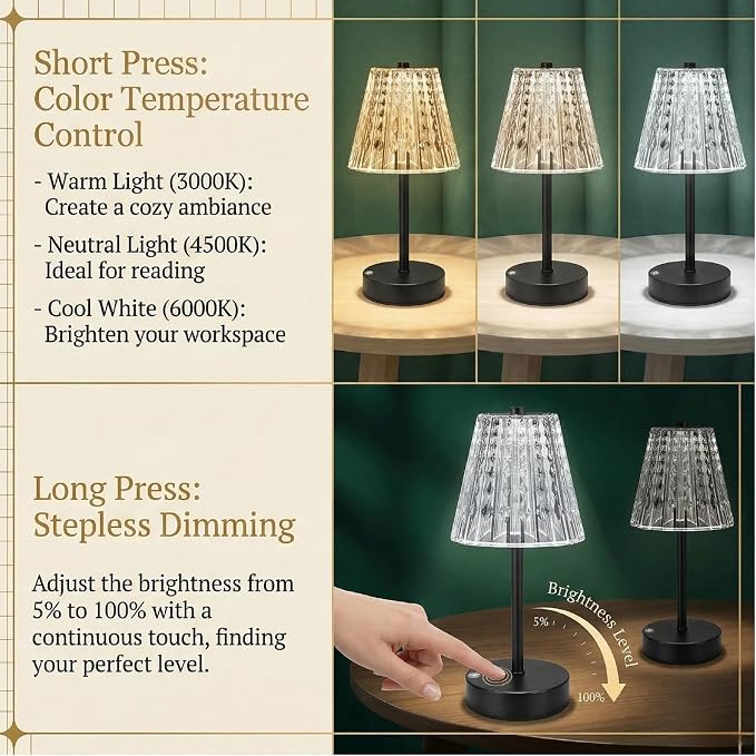 Black Cordless Table Lamp Rechargeable,Small Battery Powered Lamp 5000mAh,Mini Wireless Table Lamp for Restaurant Dining Tabletop/Kitchen Counter Top/Bathroom Shower/No Cord Touch Lamp Decorative