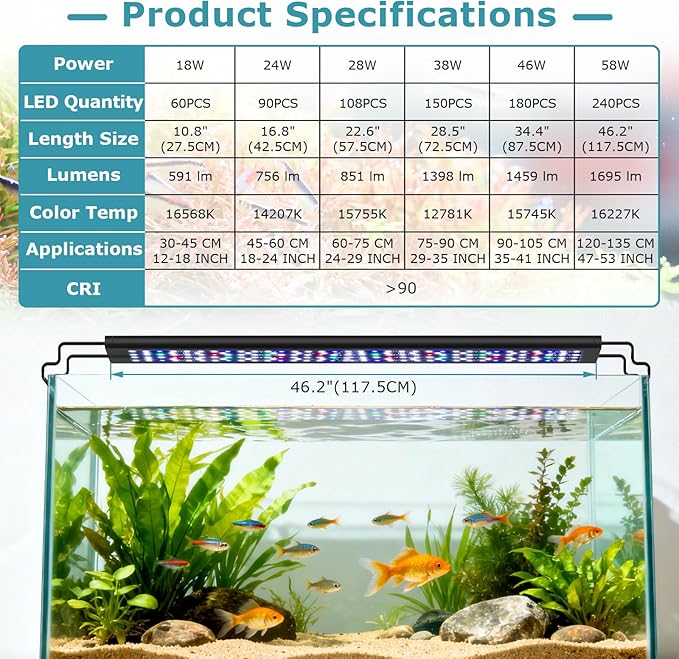 hygger 58W LED Aquarium Light, 24/7 Mode Fish Tank Light with Timer, IP68 Waterproof Full Spectrum Aquarium Plant Lights, Adjustable Brightness Extendable Bracket Memory Function for Freshwater