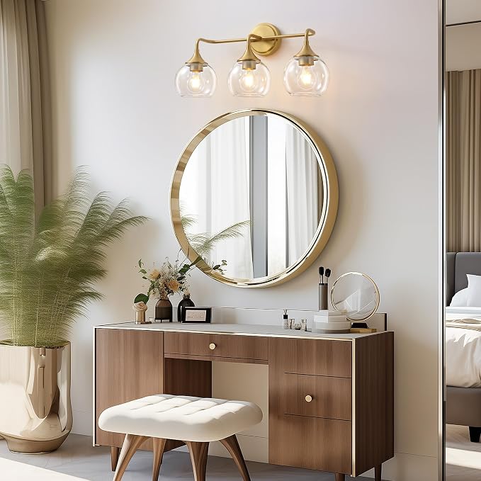 Gold Bathroom Light Fixtures 3-Light Farmhouse Vanity Light 22" | Modern Vanity Lighting Fixtures Over Mirror, Thickened Clear Glass Shade, UL E26 Dimmable