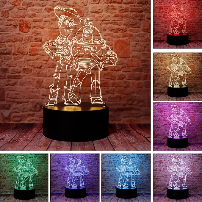 Cute Story Anime Character 3D Visual LED Bedroom Decor Sleep Night Light | Suitable for Sheriff Woody and Buzz with Remote 7 Colors Acrylic Optical Illusion Table Lamp Birthday for Kids