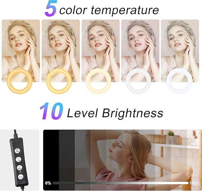 UEGOGO 10'' Ring Light with 72'' Tripod Stand & Phone Holder，38 Color Modes Dimmable LED Ringlight for Live Stream, YouTube,Makeup,TikTok