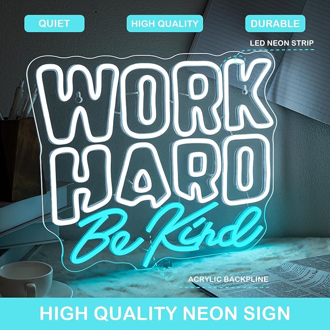 Work Hard Be Kind Neon Sign, Dimmable Neon Signs for Wall Decor, White Blue Neon Light Work Hard USB Led Sign for Office Study Room Classroom Bedroom Meeting Room Decoration
