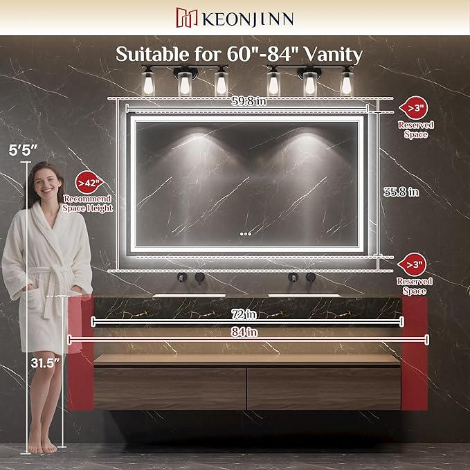 Keonjinn 60 x 36 Inch Lighted Mirrors for Bathroom Wall with Bluetooth Speaker, Frontlit & Backlit LED Bathroom Mirror, Bluetooth Mirror Bathrooms, Tempered Glass, Defogger, 3 Color Lights, Dimmable