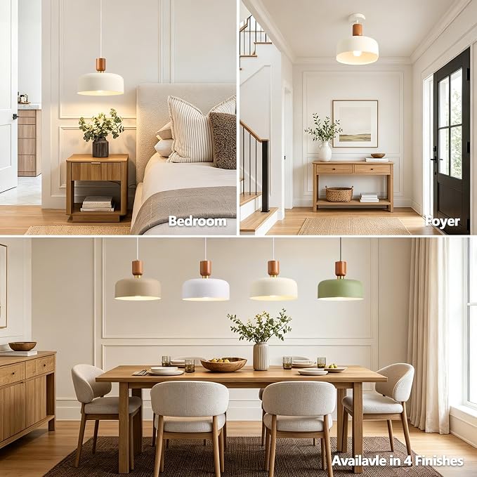 12" Mid Century Modern Pendant Lights, Cream White Shade, Wood Brass Accent | Rustic Farmhouse Over Table Kitchen Island Chandelier, Nordic Hanging Ceiling Lighting for Dining Room Bedroom Foyer Entryway