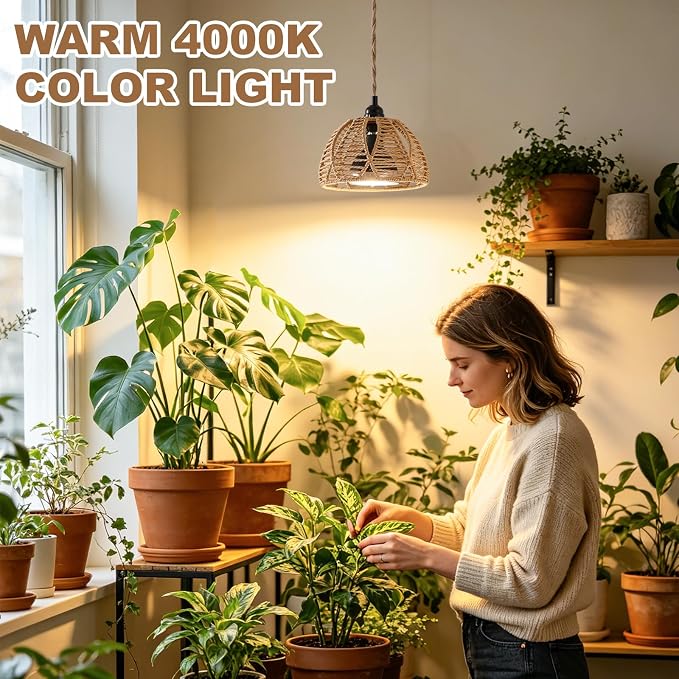 Hanging Grow Light, 30W LED Lamp with Timer for Indoor Plants | 4000K LED plant lamp with 15 ft cord, outlet timer, and boho paper rope shade for succulents, herbs, and low-light rooms.