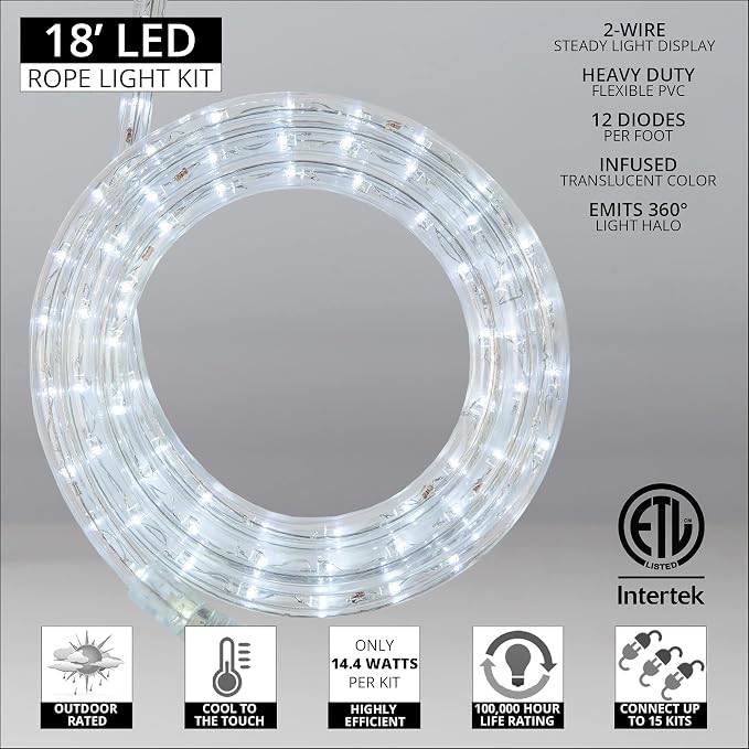 Wintergreen Lighting 18' LED Cool White Rope Light, Flexible Light Rope String Light Outdoor – Bedroom LED Light Rope, 120V, ½ Inch, 2-Wire – Rope Light Clips and Power Cord Included