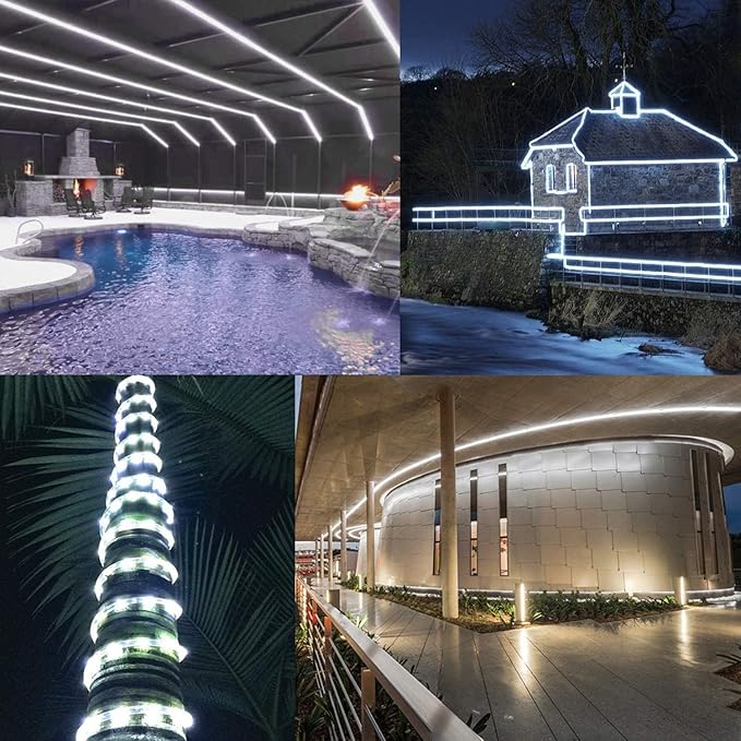 20ft LED Rope Lights, IP65 Waterproof Connectable 110V 6000K 144LED Daylight White Rope Lighting, Flexible Plug-in String Lights for Outdoor Indoor Patio Christmas Halloween Party Decoration