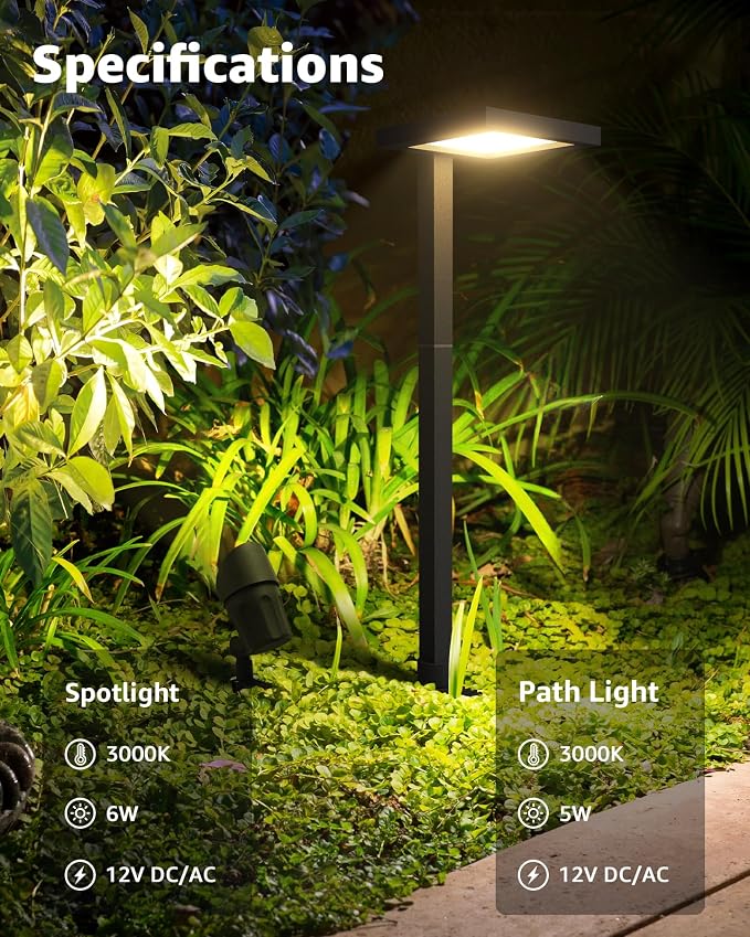 SUNVIE All-in-ONE Landscape Lighting Kit 6-Pack Anti-glare LED Pathway Lights, 2-Pack Spotlights, 60W Transformer, 100FT 16/2 AWG Wire and Connectors Outdoor Landscape Lighting for Walkway Garden Yard