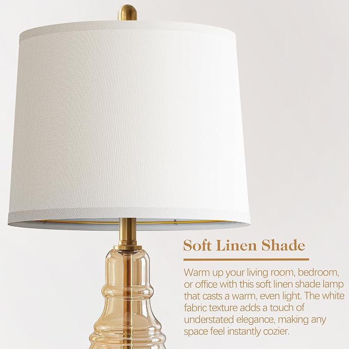 ROTTOGOON Glass Table Lamp Set of 2, Modern Table Lamps for Living Room Bedroom, Bedside Desk Lamps Vintage Nightstand Lamps with Linen Shades, 22", Champagne