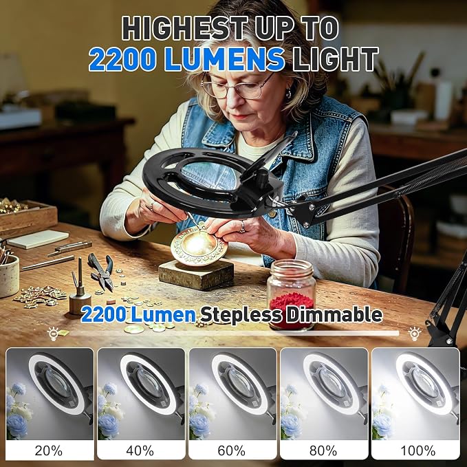 12X Magnifying Glass with Light, KIRKAS 2,200 Lumens LED Magnifying Lamp | with Clamp, Stepless Dimmable Real Glass Lens Magnifier, Adjustable Arm Workbench Light for Close Work Hobby Repair - Black